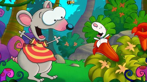 Toupie et Binou, les personnages du dessin animé, dans un jardin fleuri