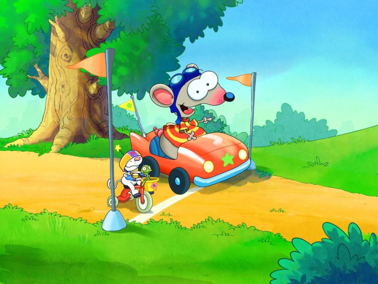 Toupie et Binou en voiture de course, les personnages du dessin animé