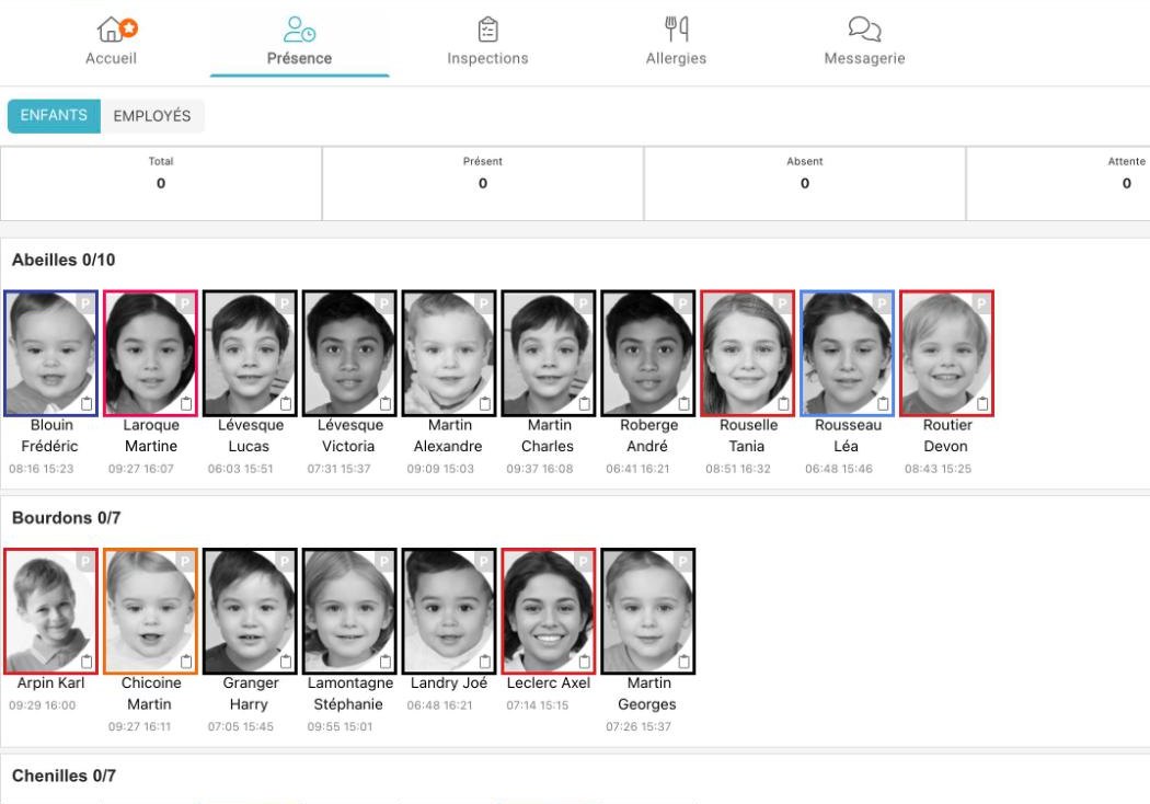 Écran Présence d'Amisgest SDG : les enfants des groupes Abeilles et Bourdons en photo, avec leurs heures d'arrivée et de départ