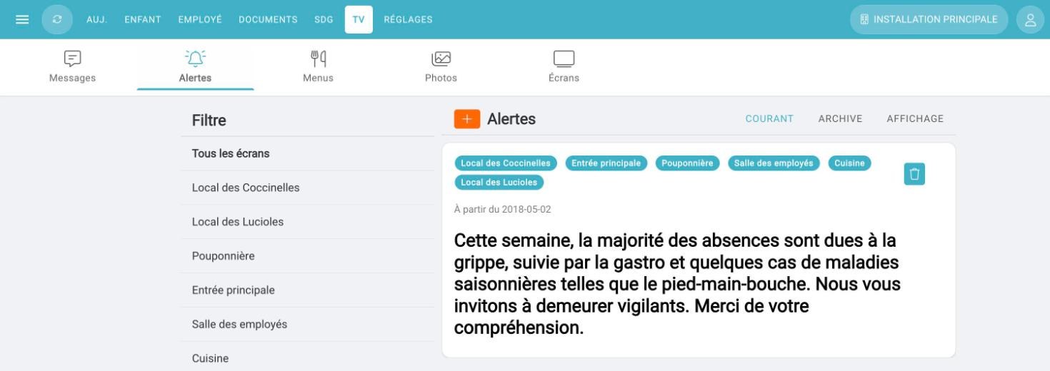Menu TV d'Amisgest SDG, onglet Alertes : une alerte sur la grippe et la gastro publiée vers tous les écrans