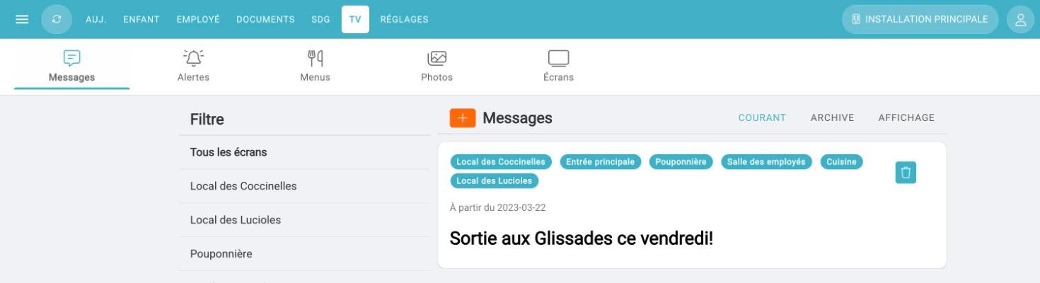 Menu TV d'Amisgest SDG, onglet Messages : le message « Sortie aux Glissades ce vendredi! » publié vers plusieurs écrans