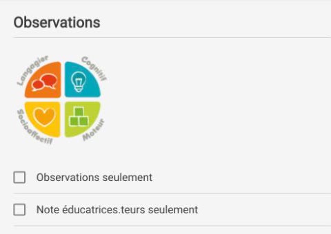 Filtre des observations par domaine de développement dans l'Application À petits pas : langagier, cognitif, socioaffectif et moteur