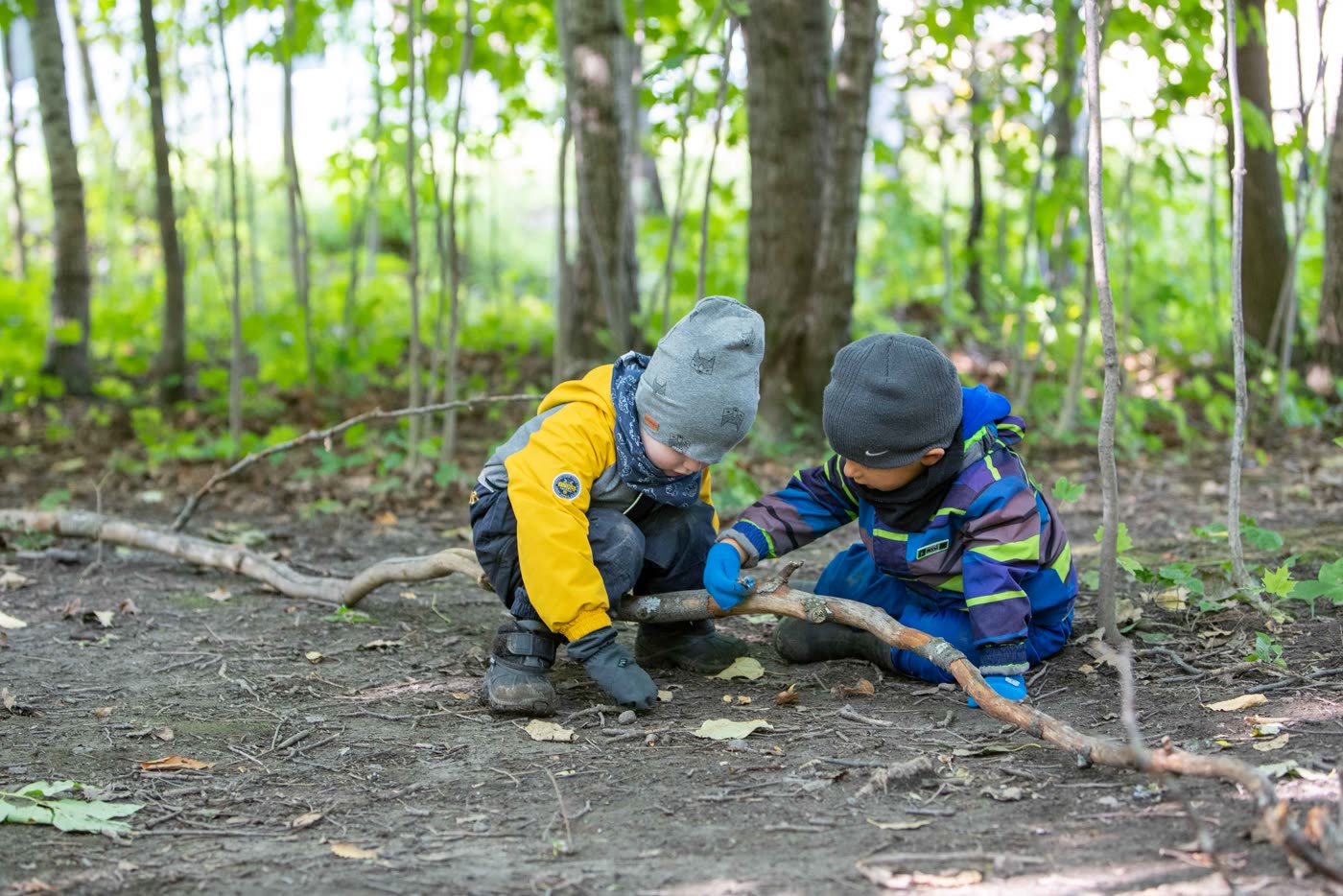 Deux enfants accroupis en forêt examinent une branche au sol