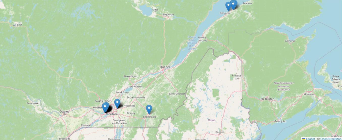 Carte du Québec dans Amisgest BC avec les RSGE du territoire indiquées par des repères, de Montréal à Sherbrooke et Rimouski