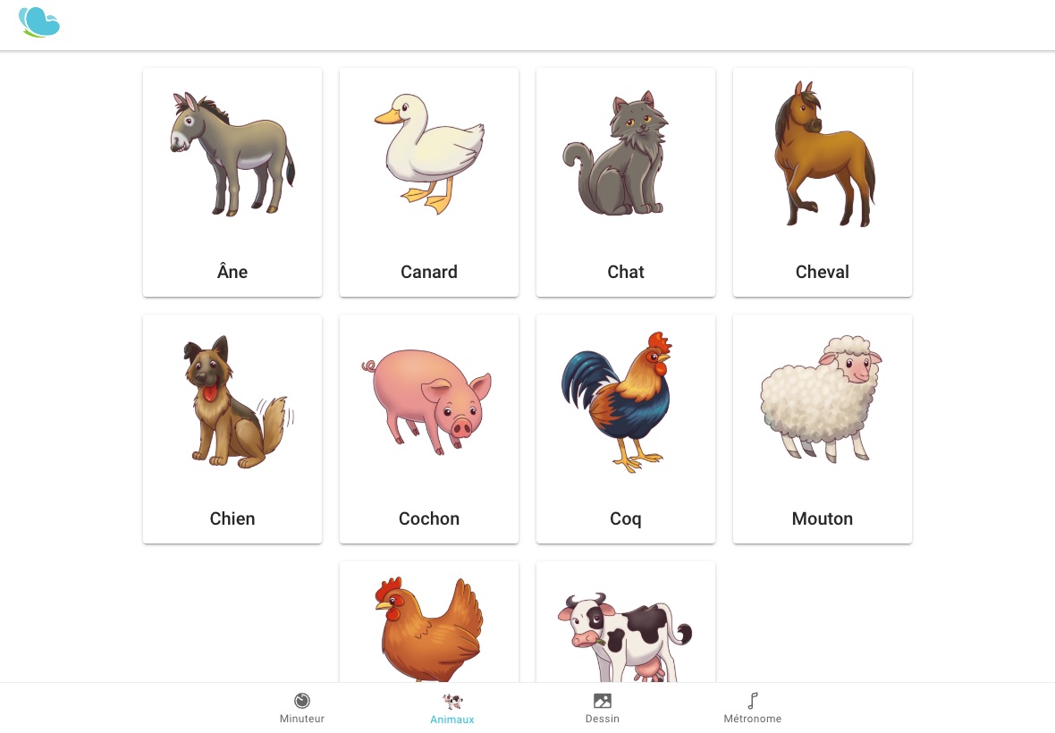 Onglet Animaux : dix cartes illustrées d’animaux de la ferme, de l’âne à la vache