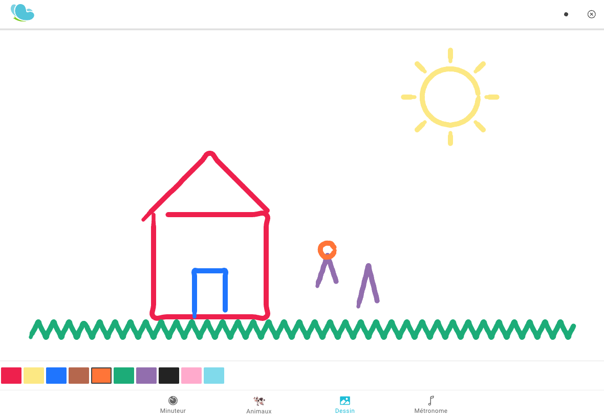 Onglet Dessin : une maison, un soleil et de l’herbe dessinés au doigt avec la palette de dix couleurs