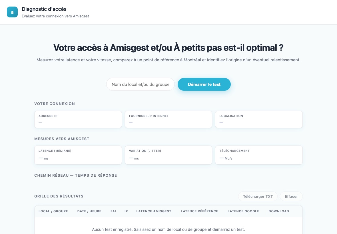 Écran d’accueil du Diagnostic d’accès d’Amisgest : votre connexion, mesures vers Amisgest et grille des résultats