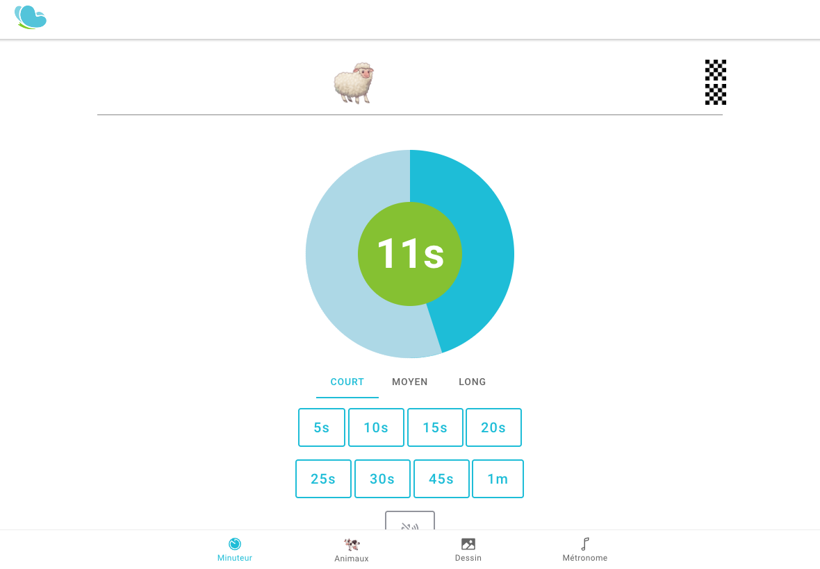 Minuteur visuel gratuit d’Amisgest sur tablette : le mouton avance vers le drapeau d’arrivée pendant que le cercle se remplit, 11 secondes restantes