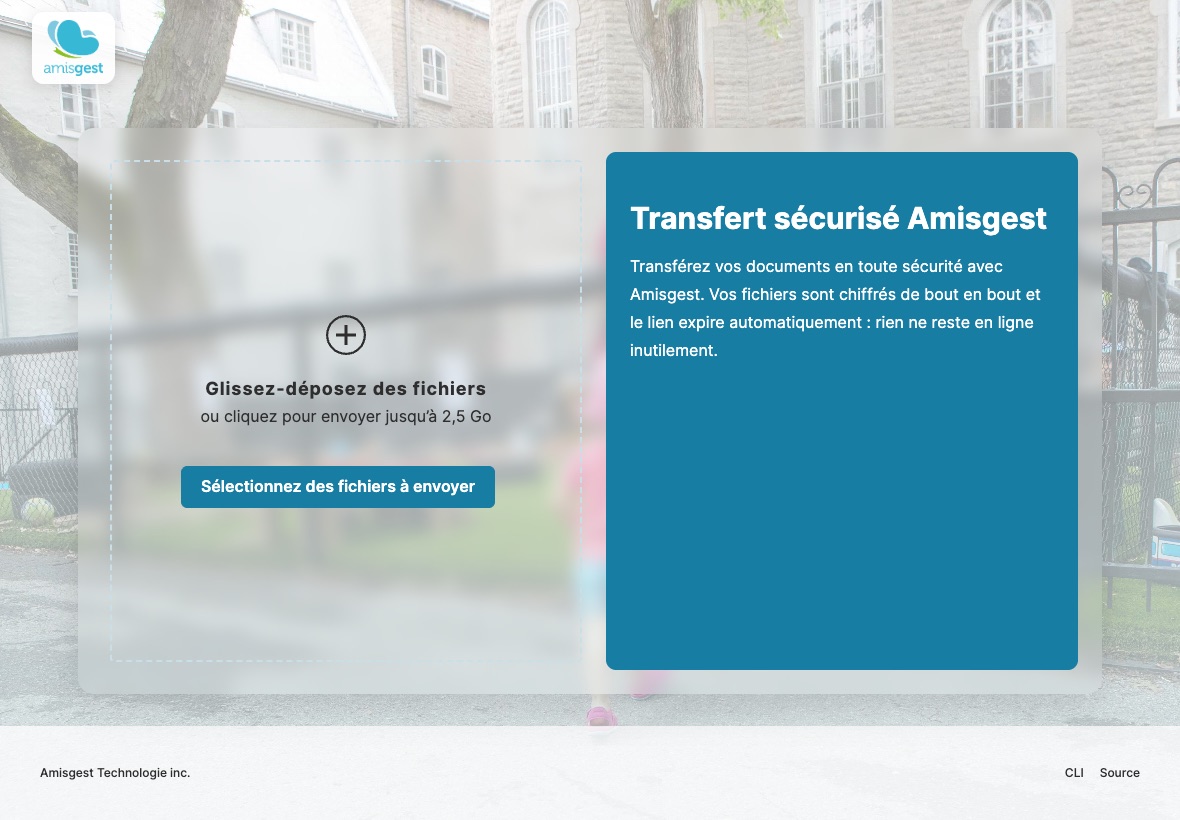Écran d’accueil du Transfert sécurisé Amisgest : glisser-déposer des fichiers jusqu’à 2,5 Go